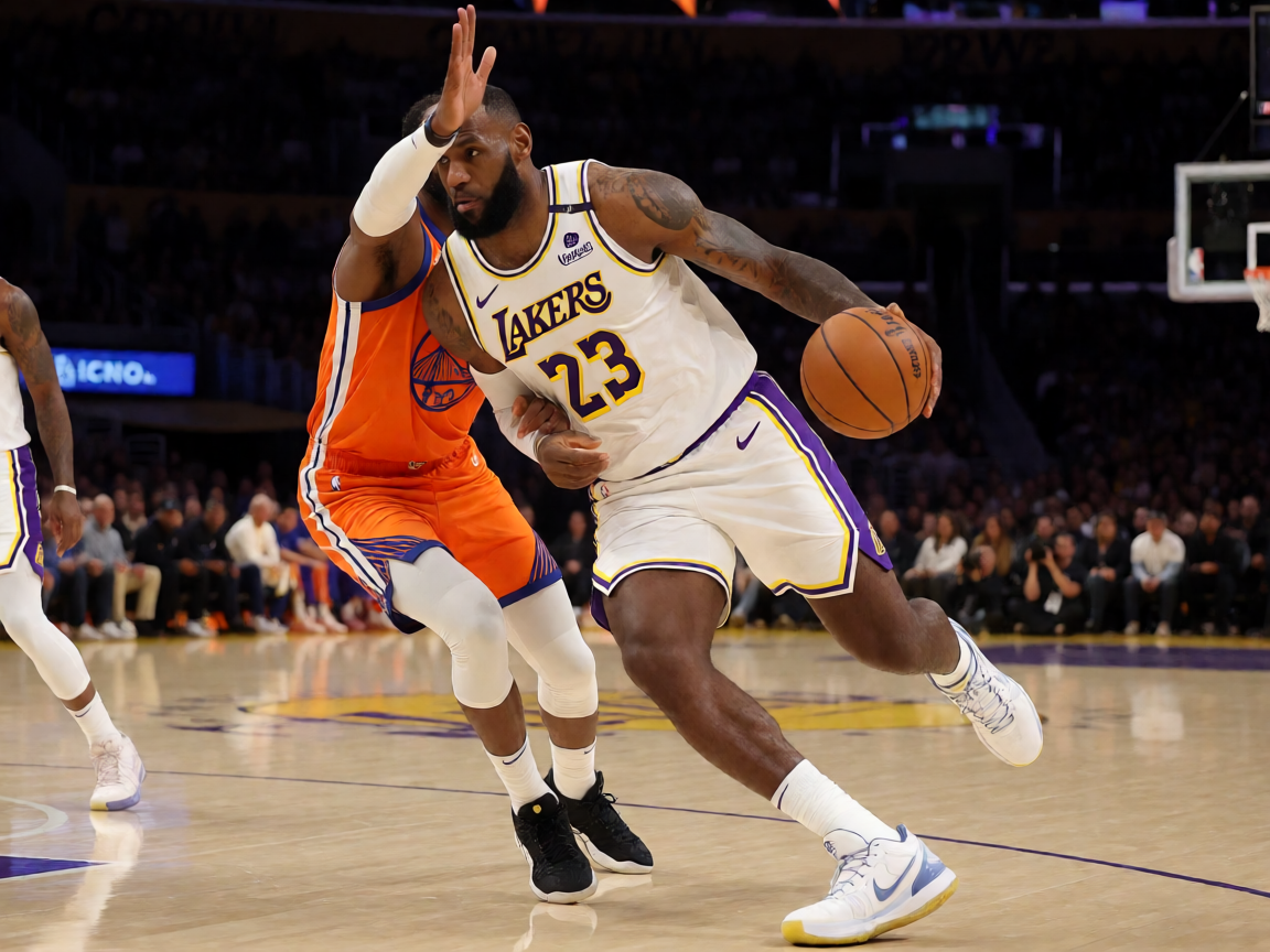 NBA湖人对阵勇士比赛中詹姆斯突破上篮瞬间